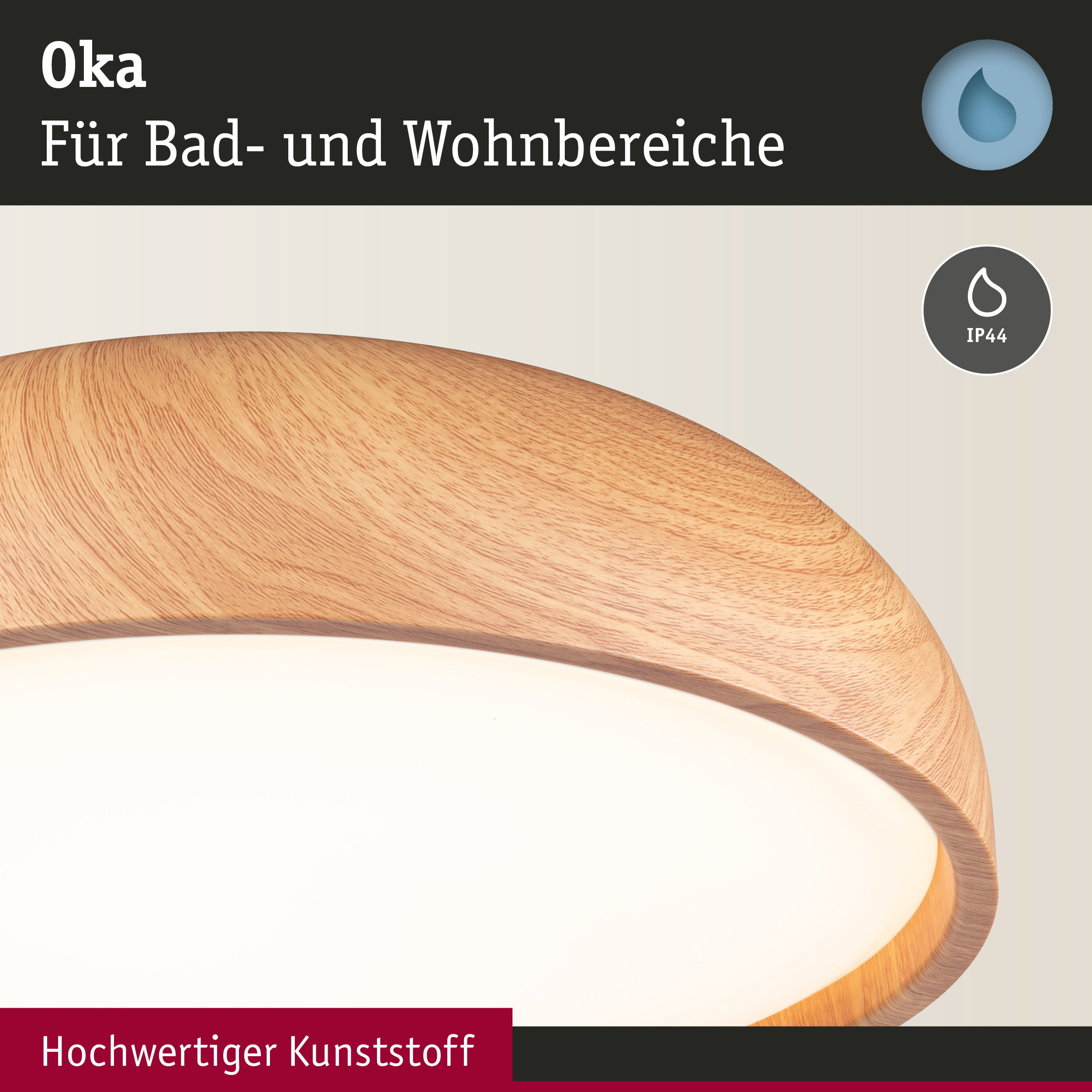 Runde Deckenleuchte mit Holzoptik und hochwertigem Kunststoff für Bad- und Wohnbereiche, IP44 Schutz