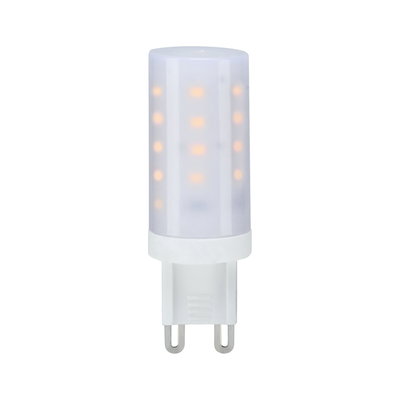 Compact white LED lamp with G9 base emitting warm white light for energy-efficient lighting