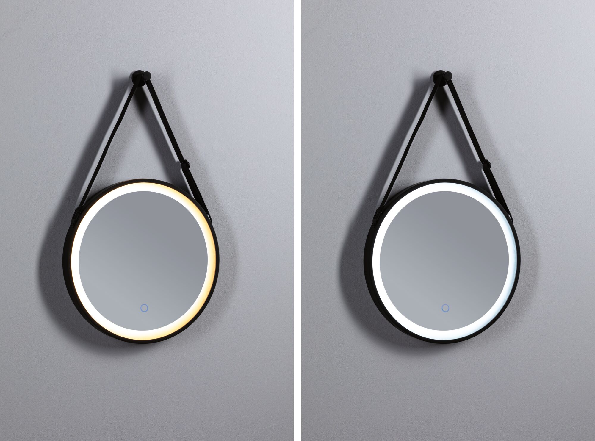 Round wall mirror with black frame and LED lighting in warm and cool white, modern bathroom accessory