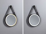 Round wall mirror with black frame and LED lighting in warm and cool white, modern bathroom accessory