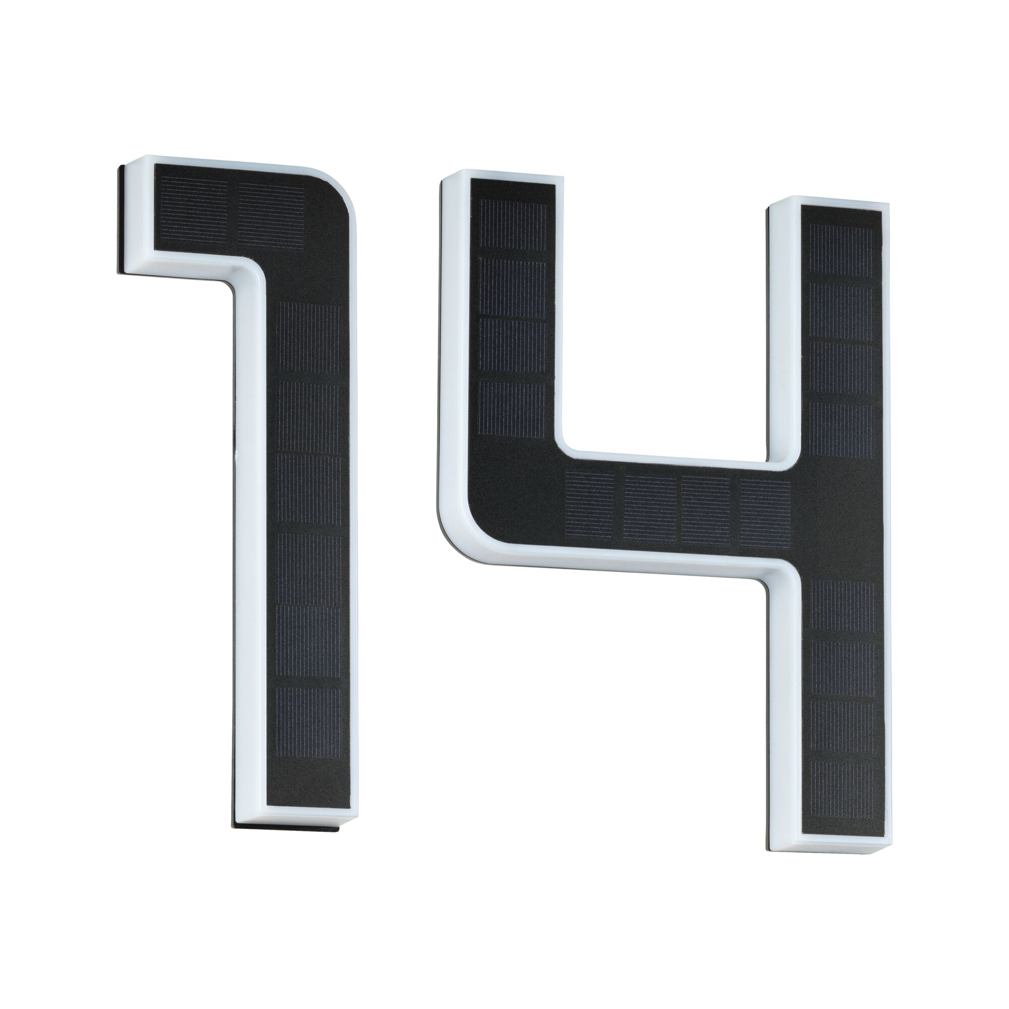 House number 14 with black solar panels on white plastic frame for energy-efficient outdoor lighting