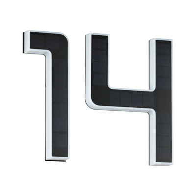 House number 14 with black solar panels on white plastic frame for energy-efficient outdoor lighting