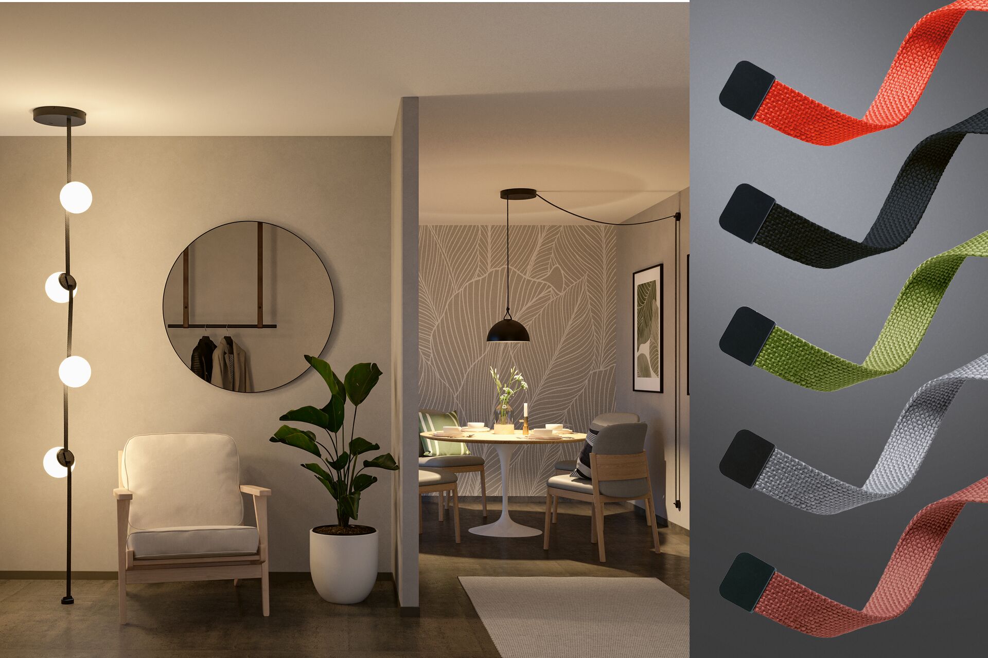 Modernes Wohnzimmer mit Holzstuhl, Pflanzen und hängender LED-Leuchte, daneben die ULine-Gurte in den Farben orange, schwarz, grün, grau, terracotta