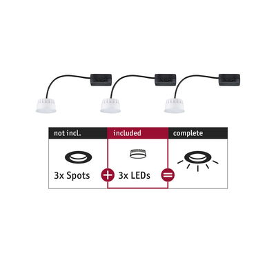 Three white LED modules with black cable and connector for recessed spotlights without housing.