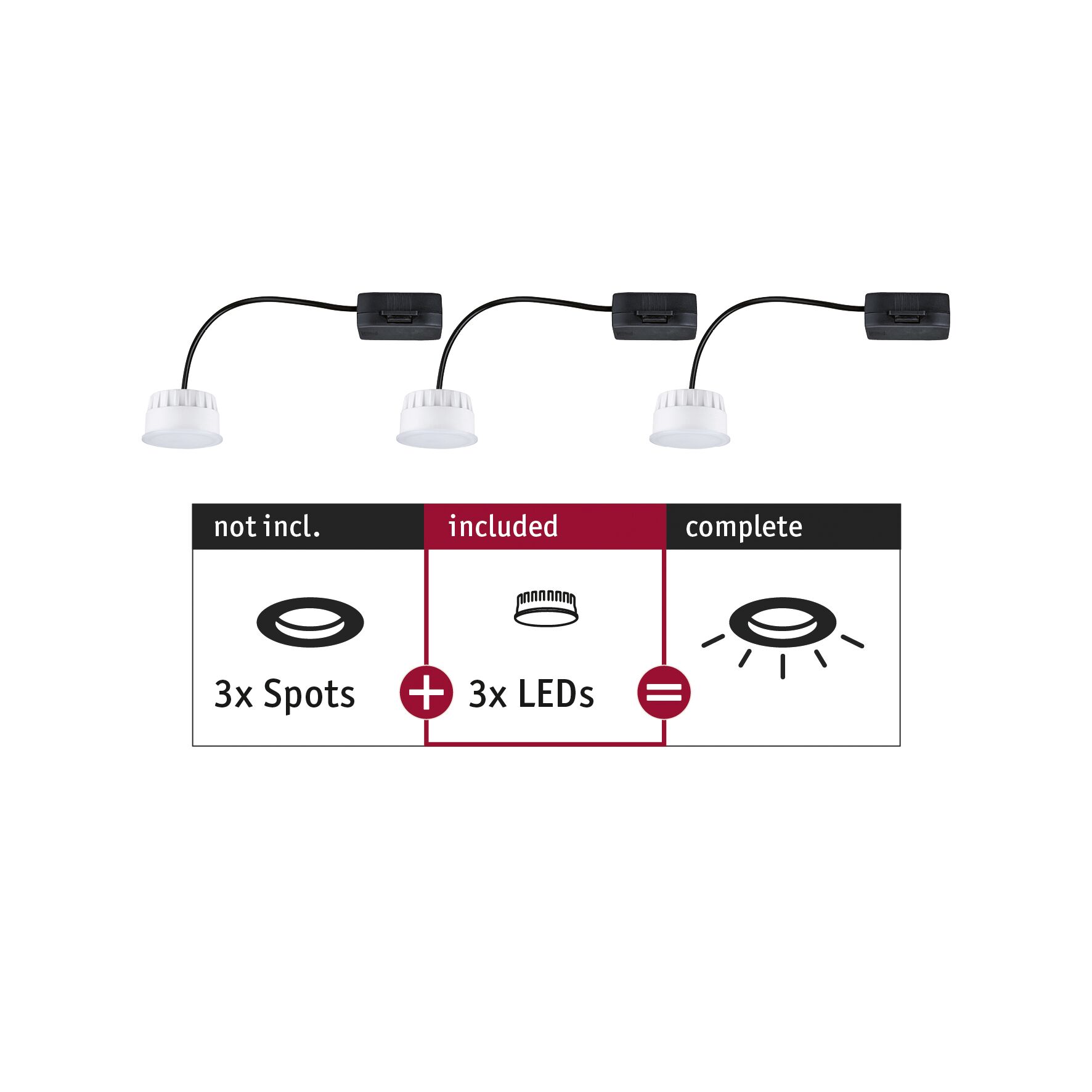 LED-module inbouwlamp Choose Coin Set van 3 rond 50mm Coin 3x6W 3x470lm 230V 2700K Satijn Drie witte LED-modules met zwarte kabel en connector voor inbouwspots zonder behuizing.