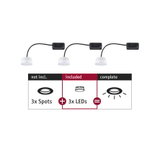 Drei weiße LED-Leuchtmittel mit schwarzem Kabel und Steckverbinder für Einbauspots ohne Gehäuse.