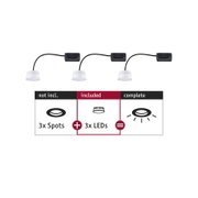 Three white LED modules with black cable and connector for recessed spotlights without housing.