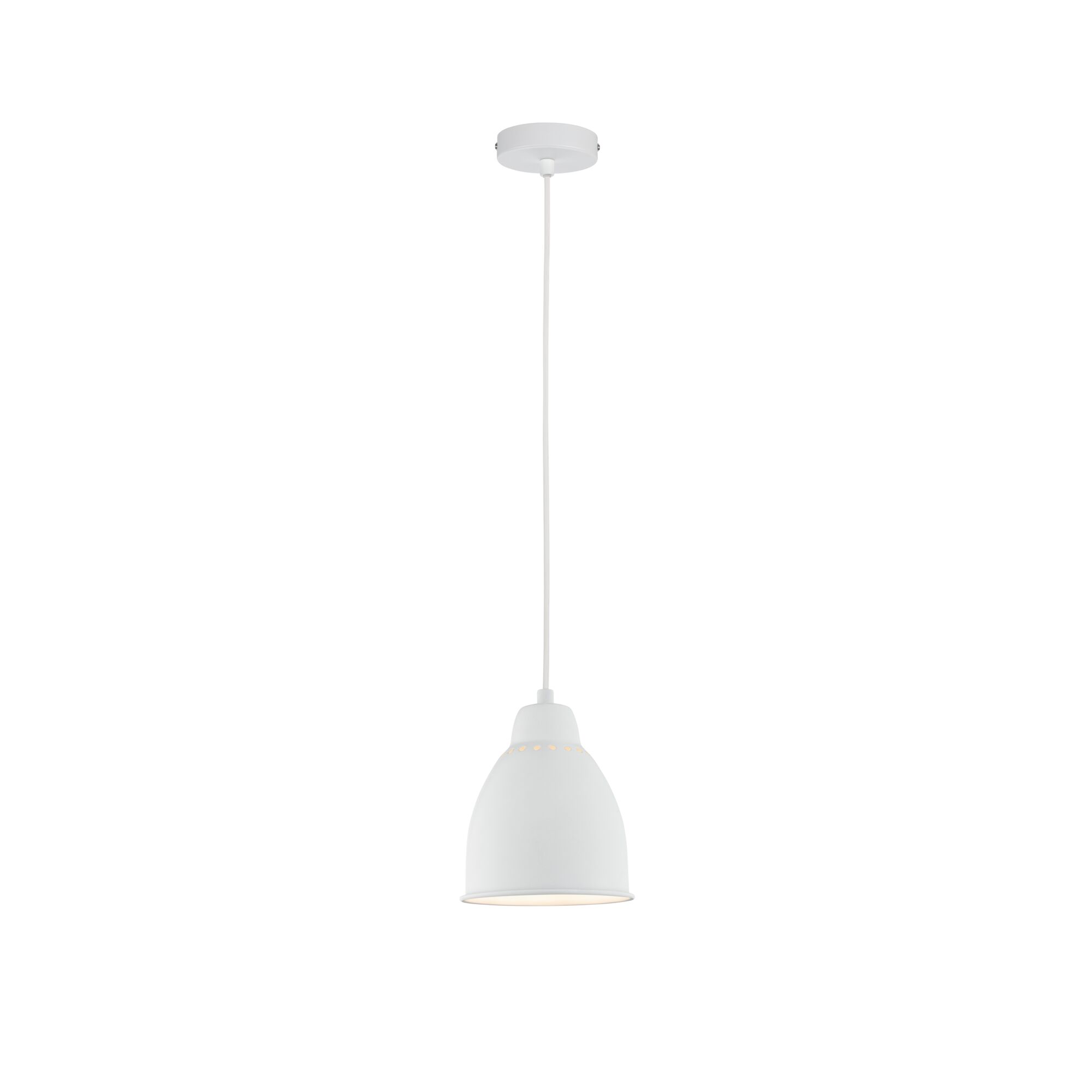 Weiße Pendelleuchte aus Metall mit Lochmuster und warmweißem Licht für moderne Innenräume