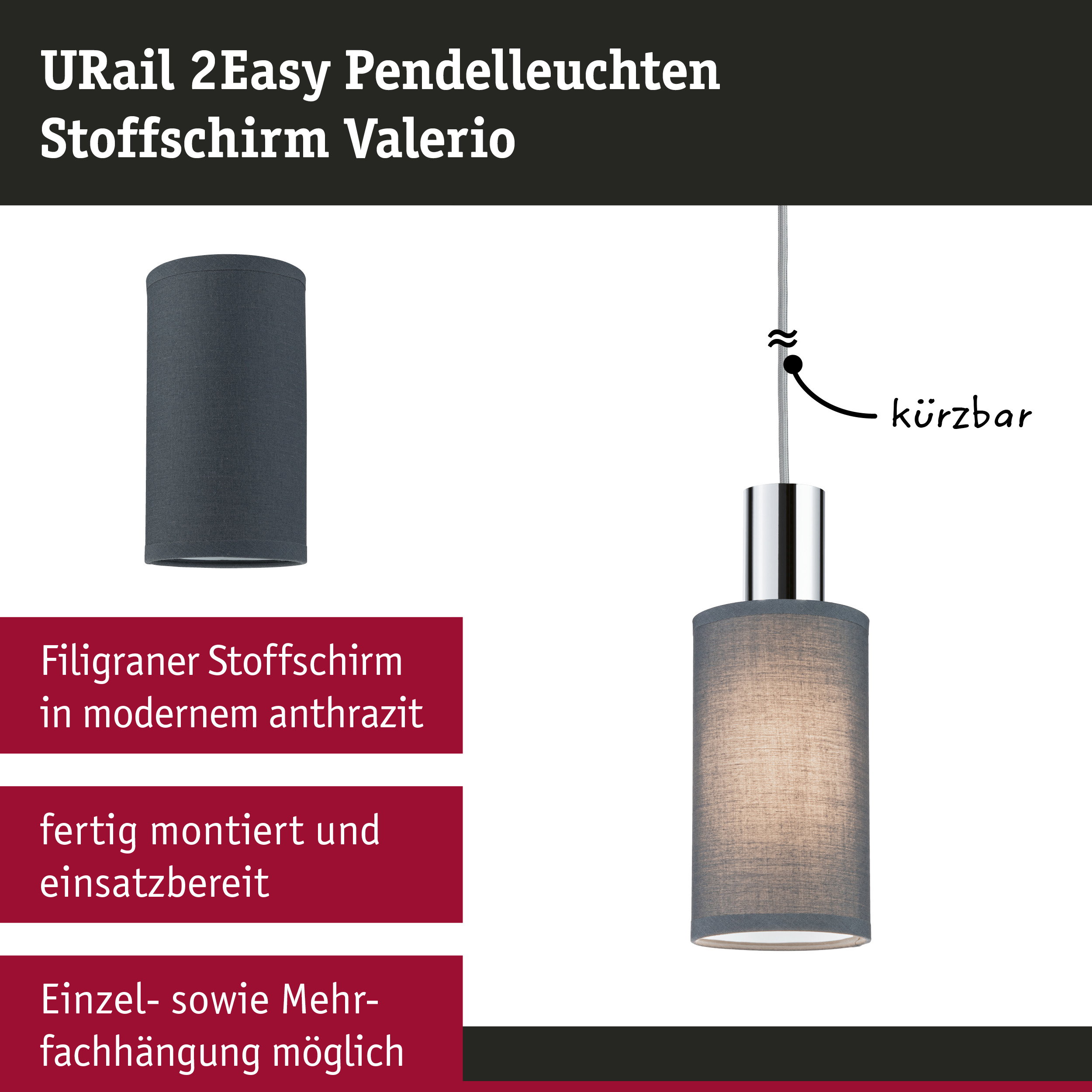 URail 2Easy Pendelleuchte mit anthrazitfarbenem Stoffschirm und verstellbarem Kabel für moderne Innenbeleuchtung