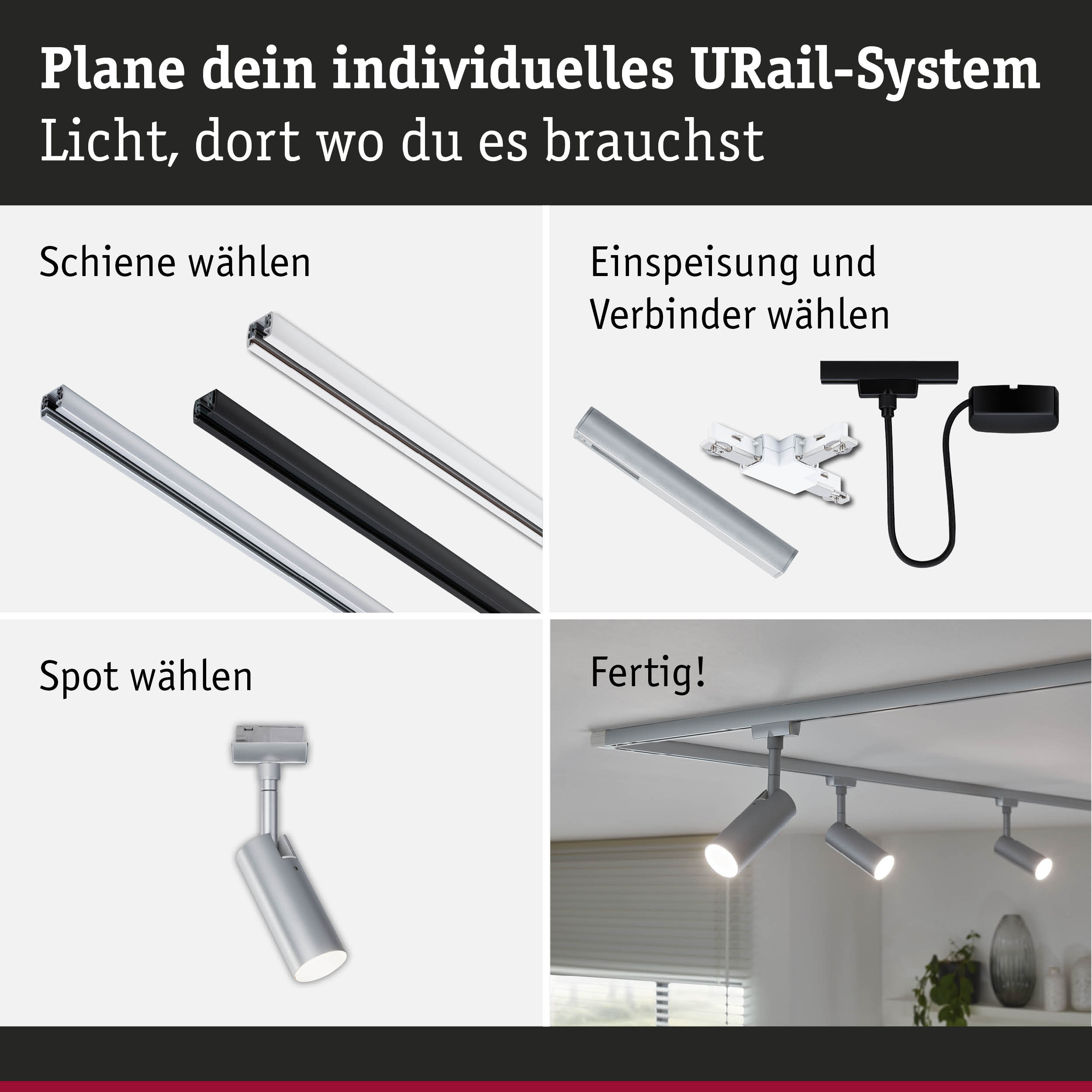 Modulares URail-Schienensystem mit weißen und schwarzen Schienen, Steckern und silbernen Spots für flexible Beleuchtung