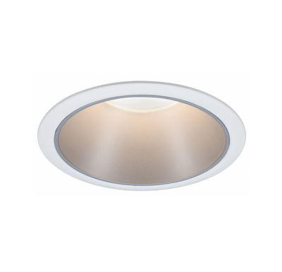 Round LED recessed light with white frame and warm white light for modern indoor lighting