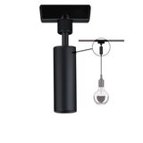 Black cylindrical metal ceiling spotlight with close-up of ceiling mount, LED track lighting component