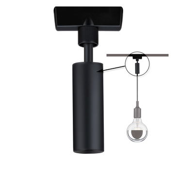 Black cylindrical metal ceiling spotlight with close-up of ceiling mount, LED track lighting component