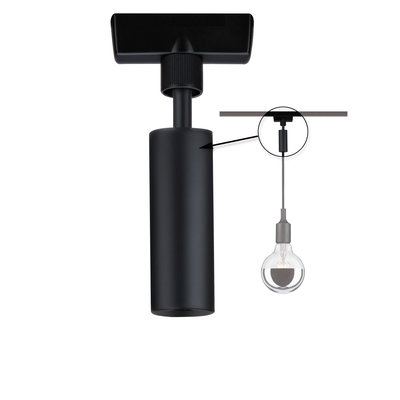 Black cylindrical metal ceiling spotlight with close-up of ceiling mount, LED track lighting component