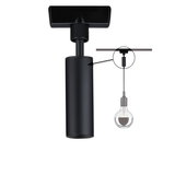 Black cylindrical metal ceiling spotlight with close-up of ceiling mount, LED track lighting component