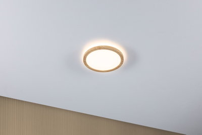 Round ceiling light with wooden frame and warm white light for modern home ambiance