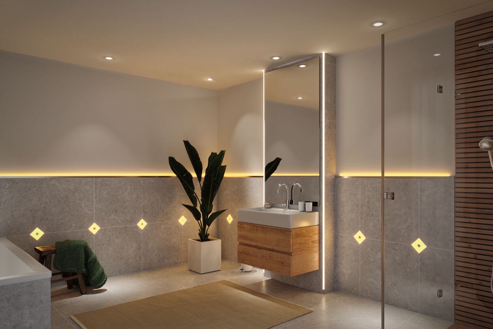 Modernes Badezimmer mit grauen Fliesen, Holz-Waschtisch und warmweißer LED-Akzentbeleuchtung