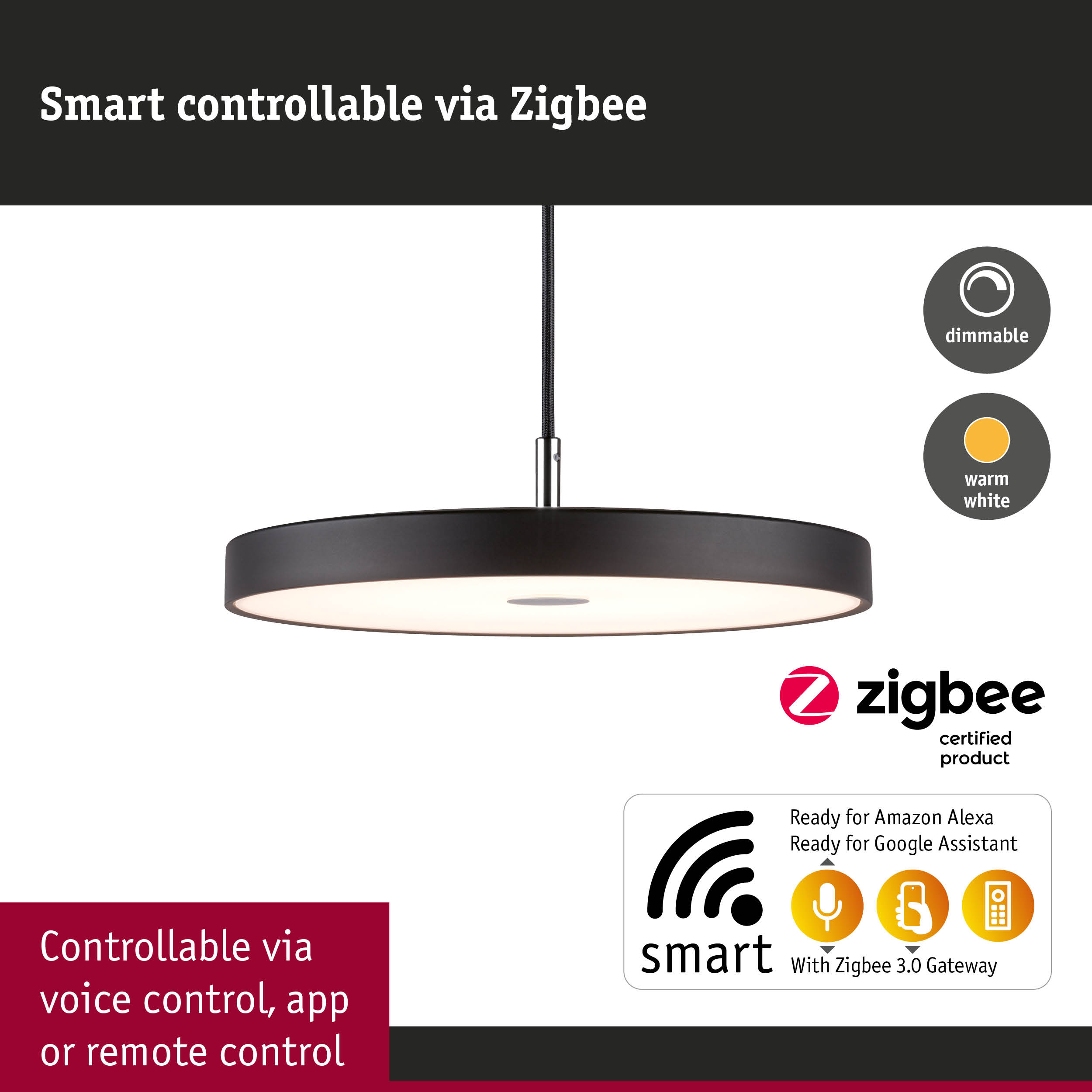 Black round LED pendant light with warm white glow, Zigbee smart control via app and voice commands