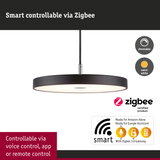 Black round LED pendant light with warm white glow, Zigbee smart control via app and voice commands