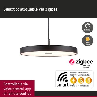 Black round LED pendant light with warm white glow, Zigbee smart control via app and voice commands