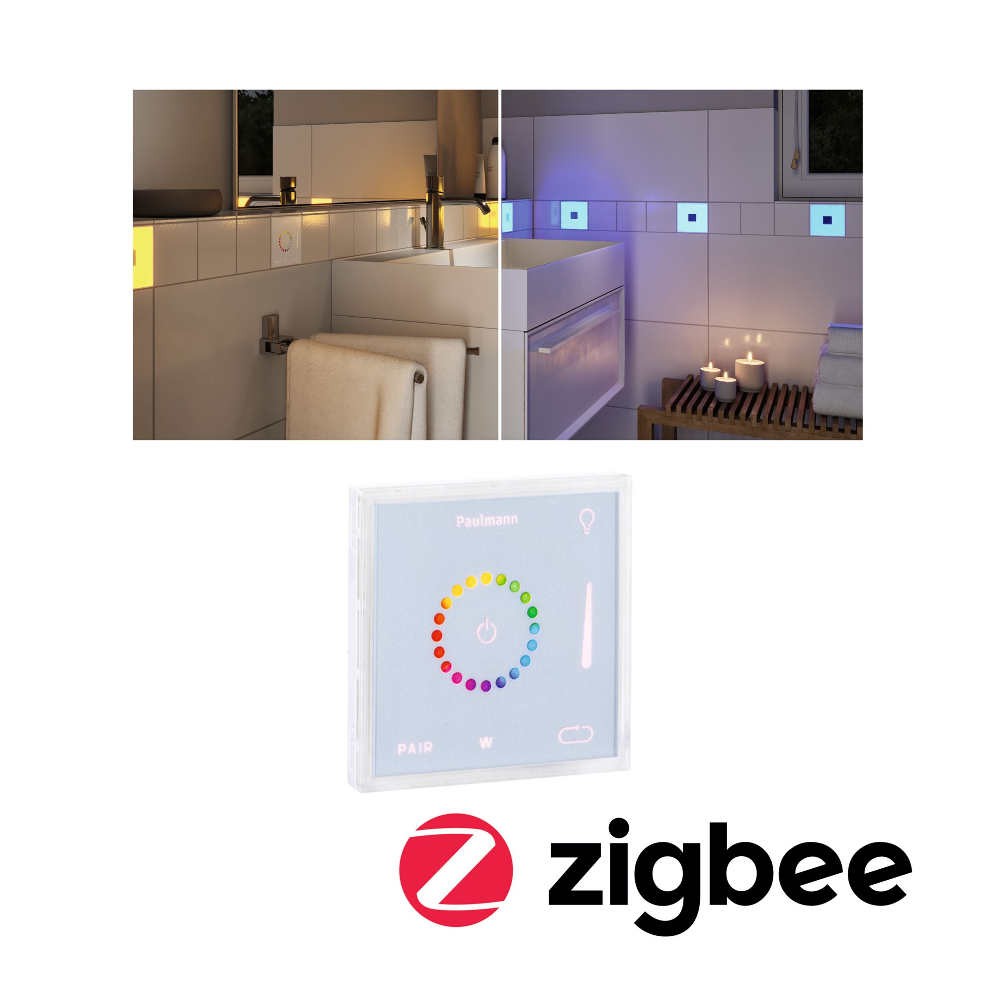 LumiTiles Accessoires Smart Home Zigbee 3.0 Square Touch Modul IP44 100x100mm RGBW+ Blanc Matière plastique/Aluminium Salle de bain moderne avec carrelage blanc et éclairage LED multicolore contrôlé par panneau tactile