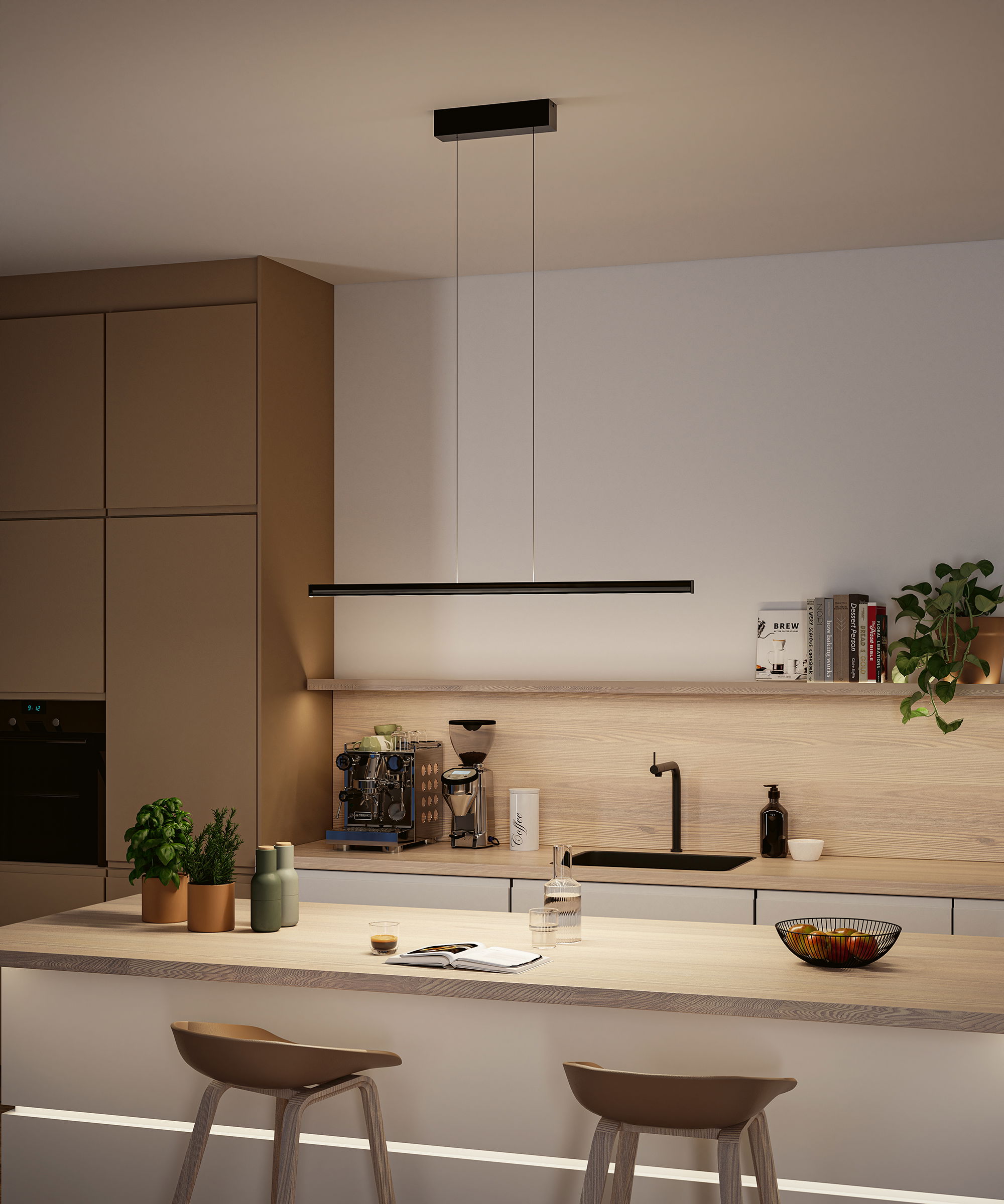 Modern kitchen with light wood countertop, black pendant light, and minimalist design elements