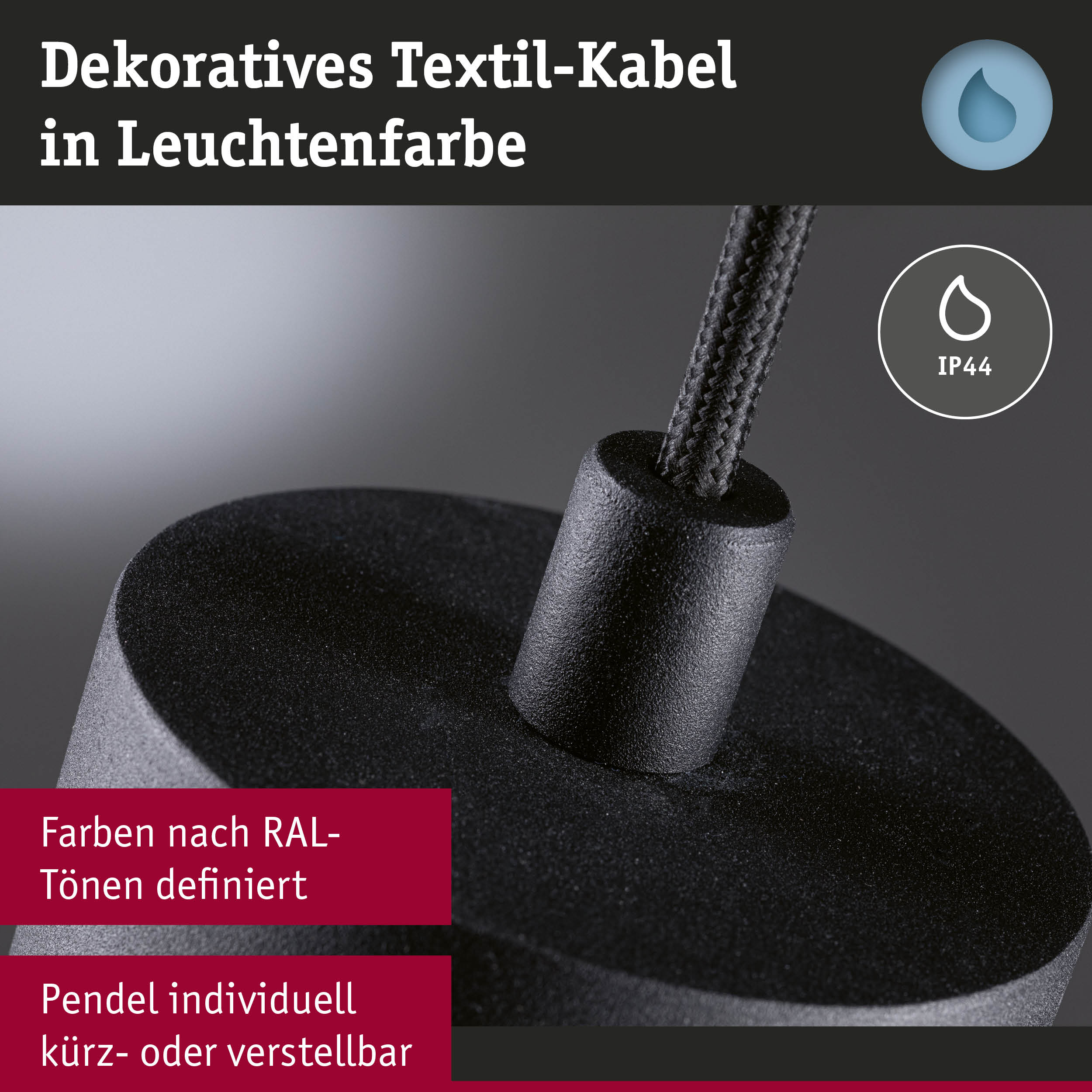 Schwarzes dekoratives Textilkabel mit IP44 Schutz für Leuchten, individuell kürz- oder verstellbar