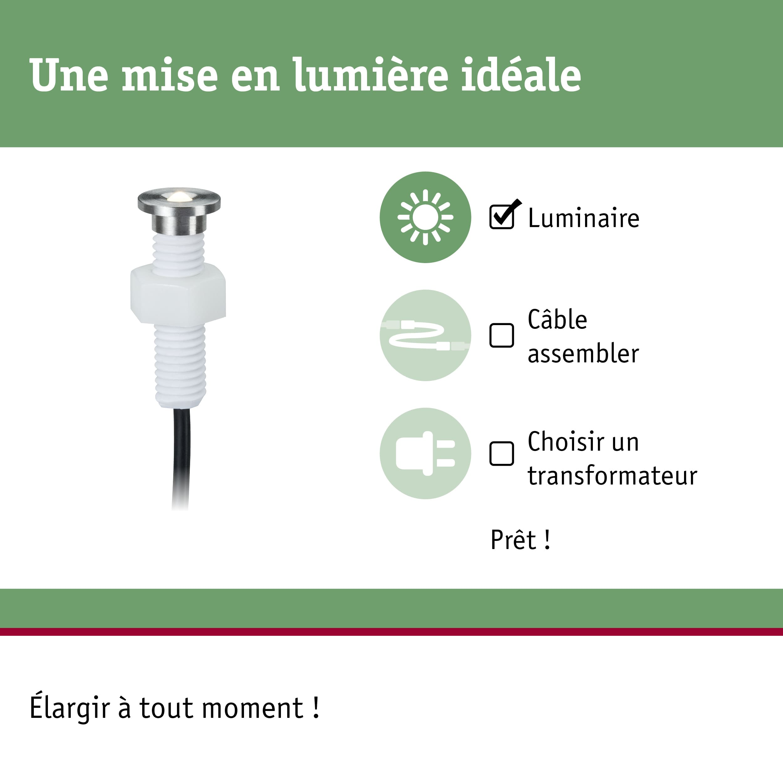 Petit spot LED encastré en acier inoxydable avec plastique blanc et câble noir pour éclairage d'accent