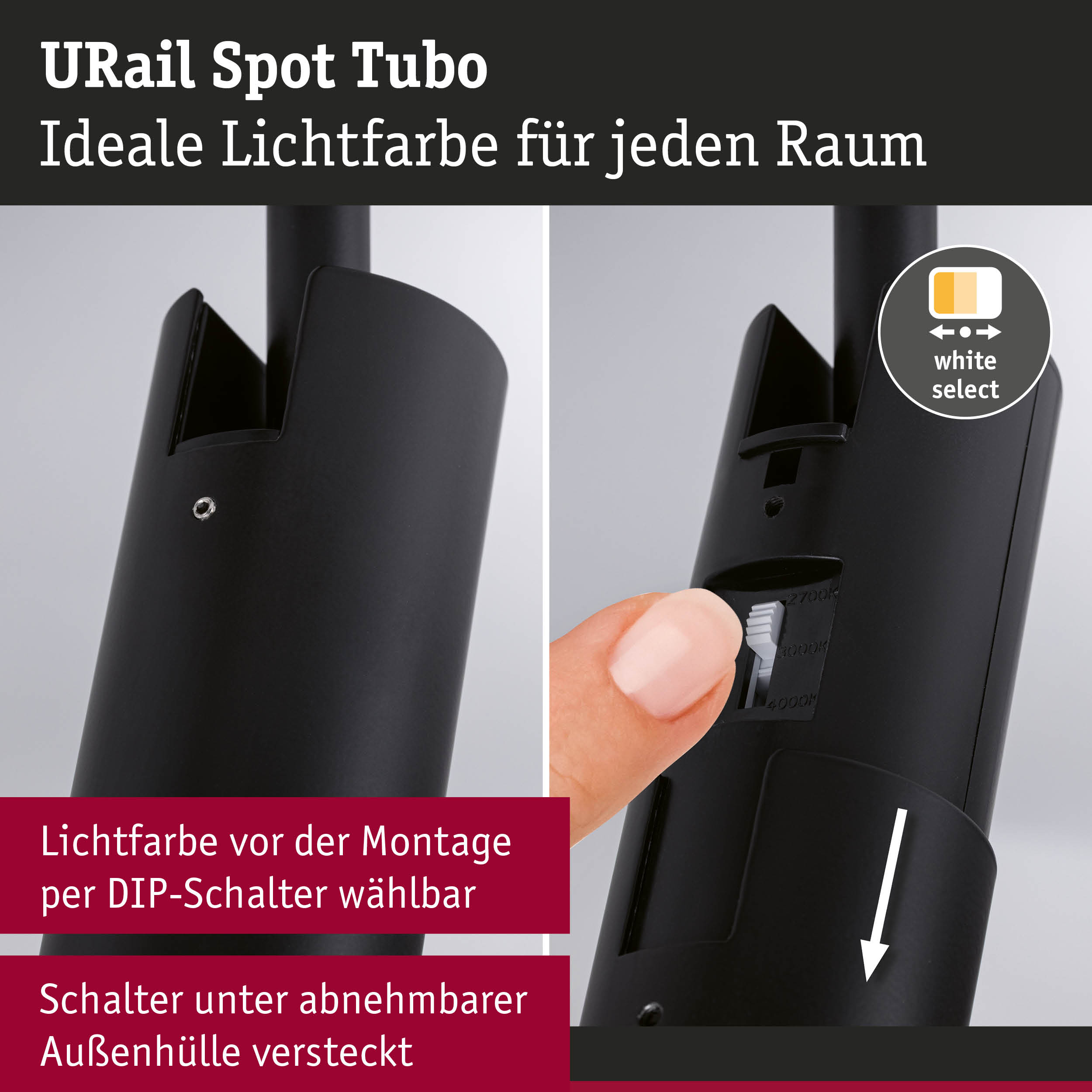 Schwarzer URail Spot Tubo mit DIP-Schalter zur Lichtfarbwahl vor Montage, versteckt unter abnehmbarer Außenhülle
