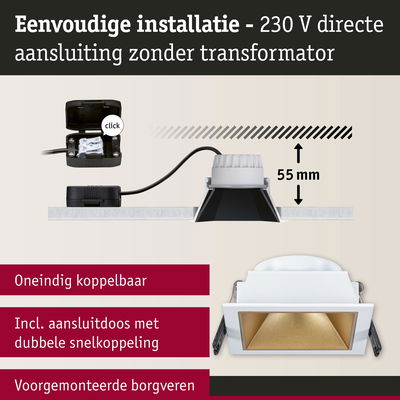 Witte vierkante LED inbouwspot met gouden reflector en 230V directe aansluiting voor eenvoudige installatie