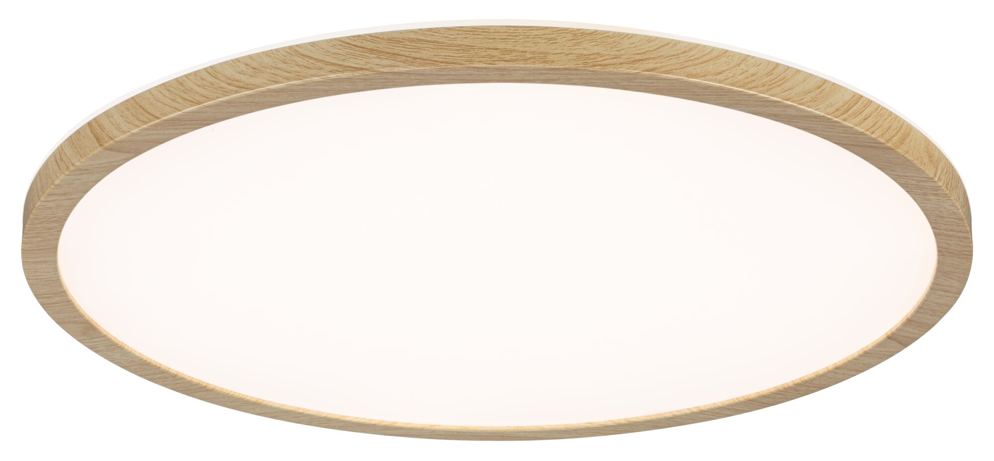Round LED ceiling light with bright diffuser and oak wood frame for modern home lighting