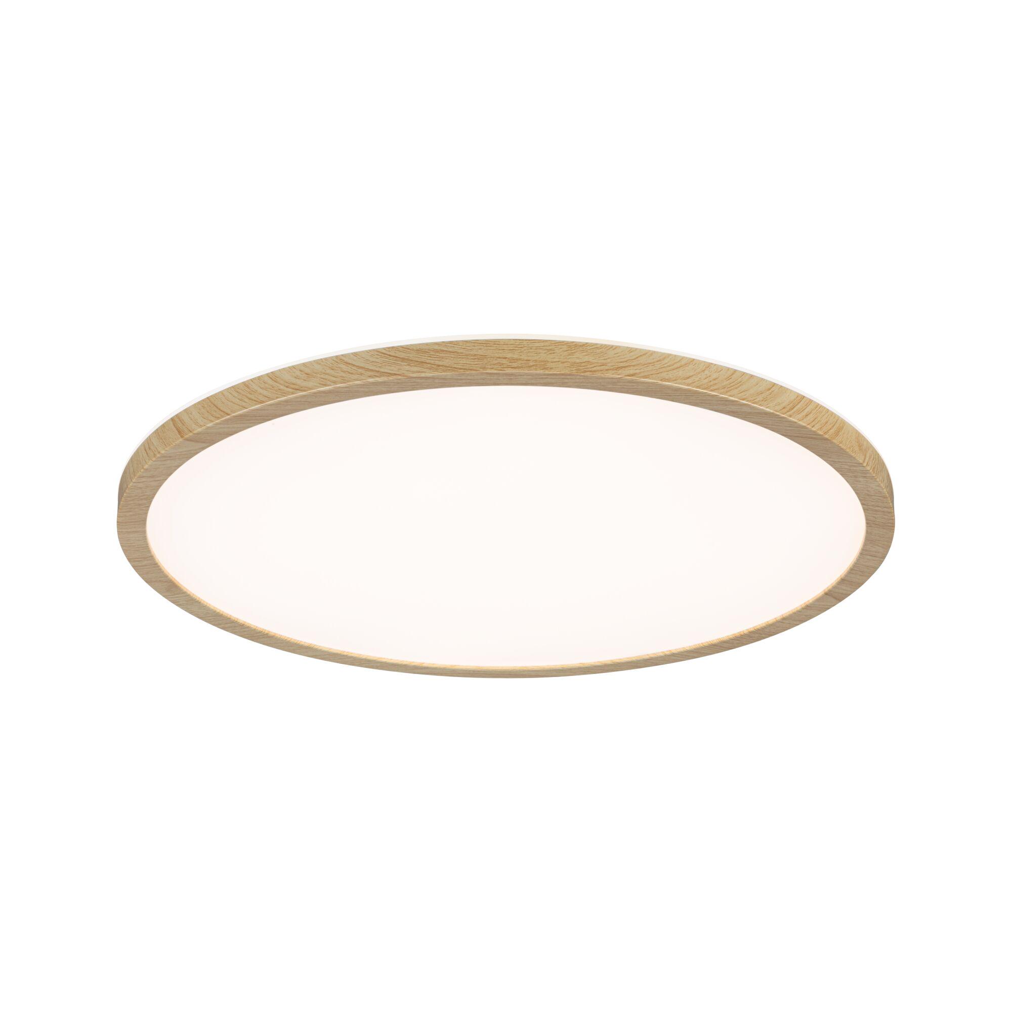 Round LED ceiling light with bright diffuser and oak wood frame for modern home lighting