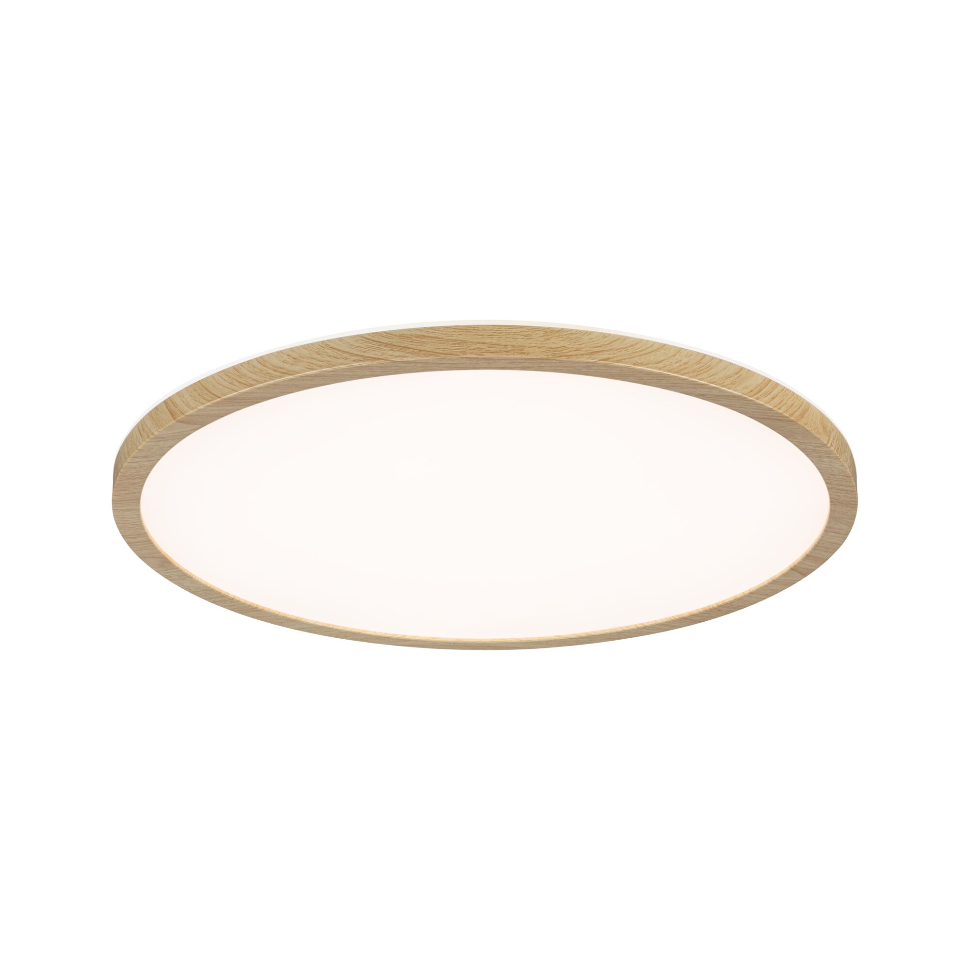 Round LED ceiling light with bright diffuser and oak wood frame for modern home lighting