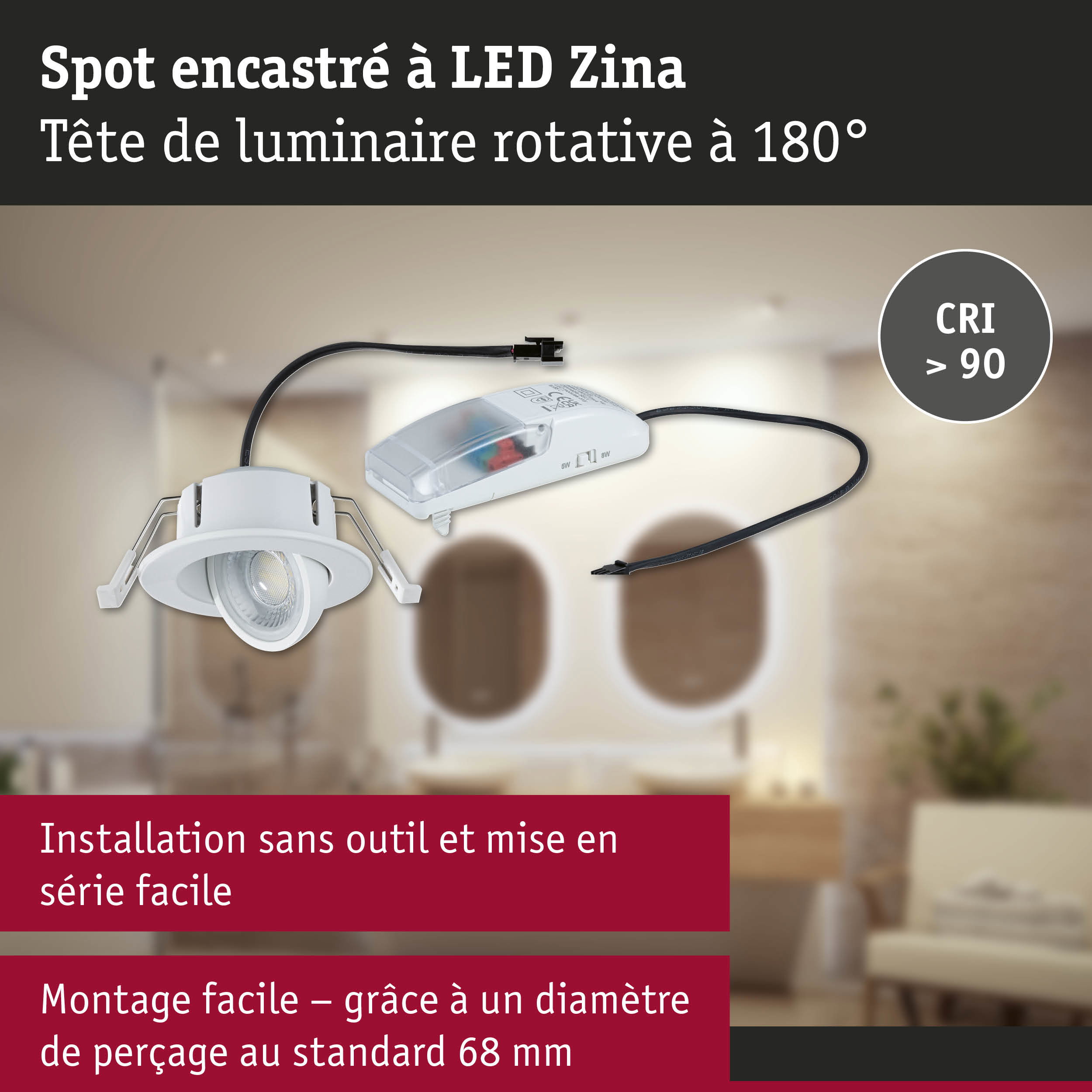 Spot encastré LED blanc Zina avec tête rotative à 180° et CRI supérieur à 90 pour éclairage flexible