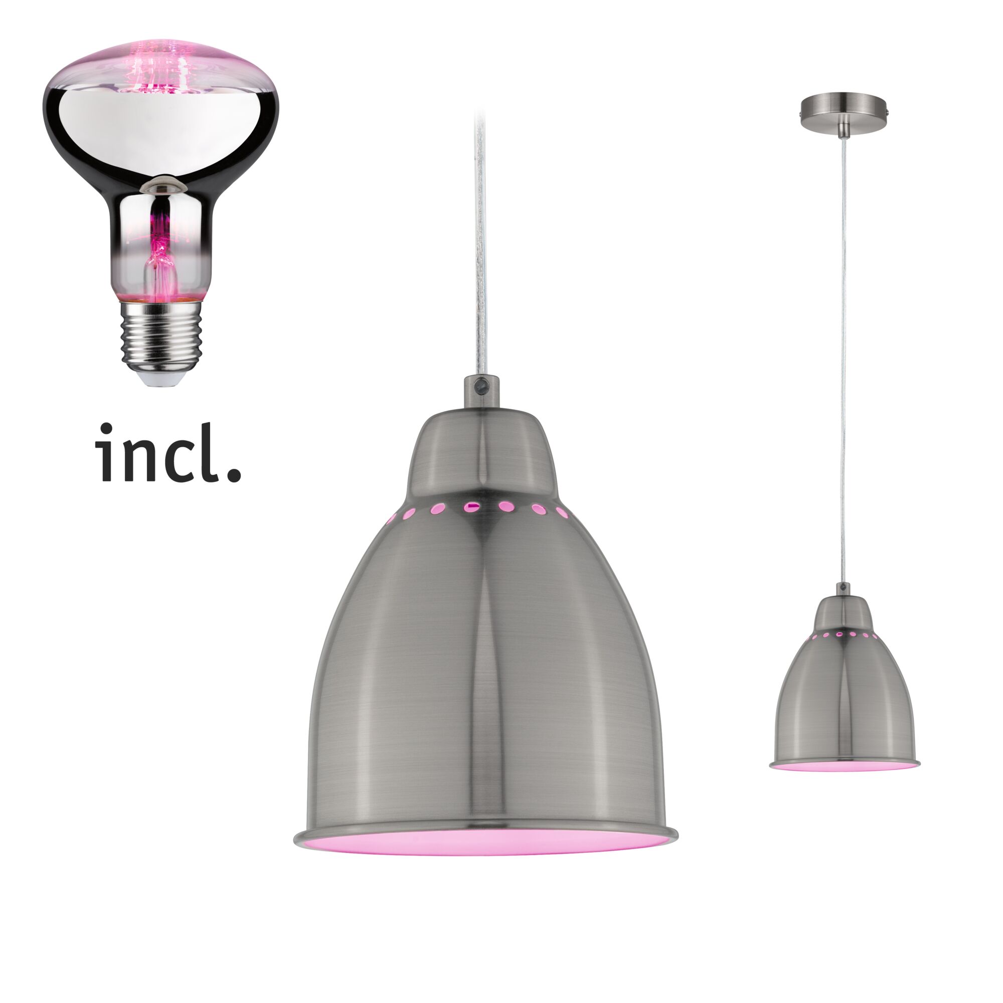 Hängelampe aus gebürstetem Metall mit rosa LED-Licht und passender Glühbirne inklusive