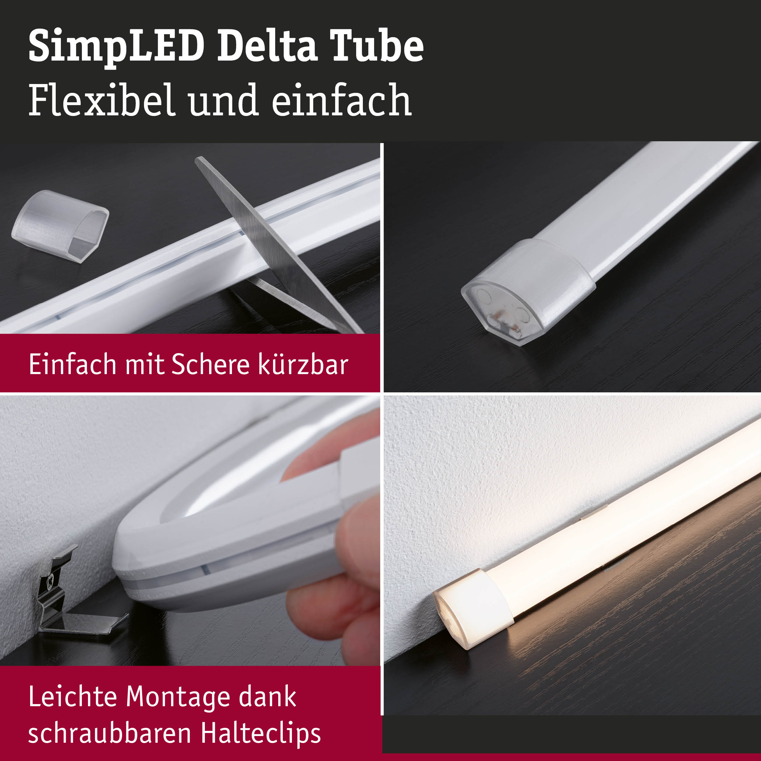 Weißes LED-Lichtband aus Kunststoff, flexibel und einfach mit Schere kürzbar, Montage mit Halteclips