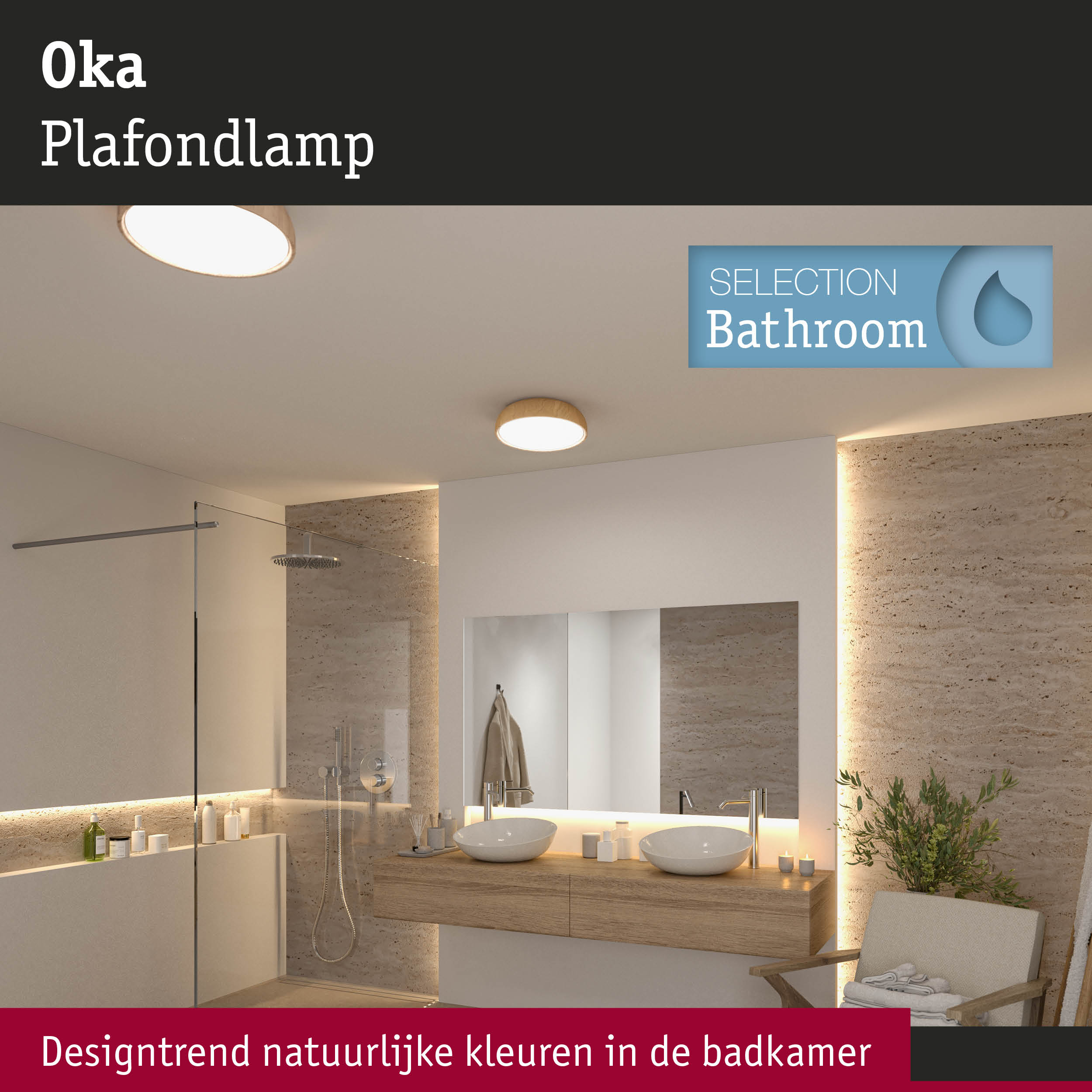 Moderne badkamer met houten wastafelmeubel, natuurstenen wand en ronde houten plafondlampen