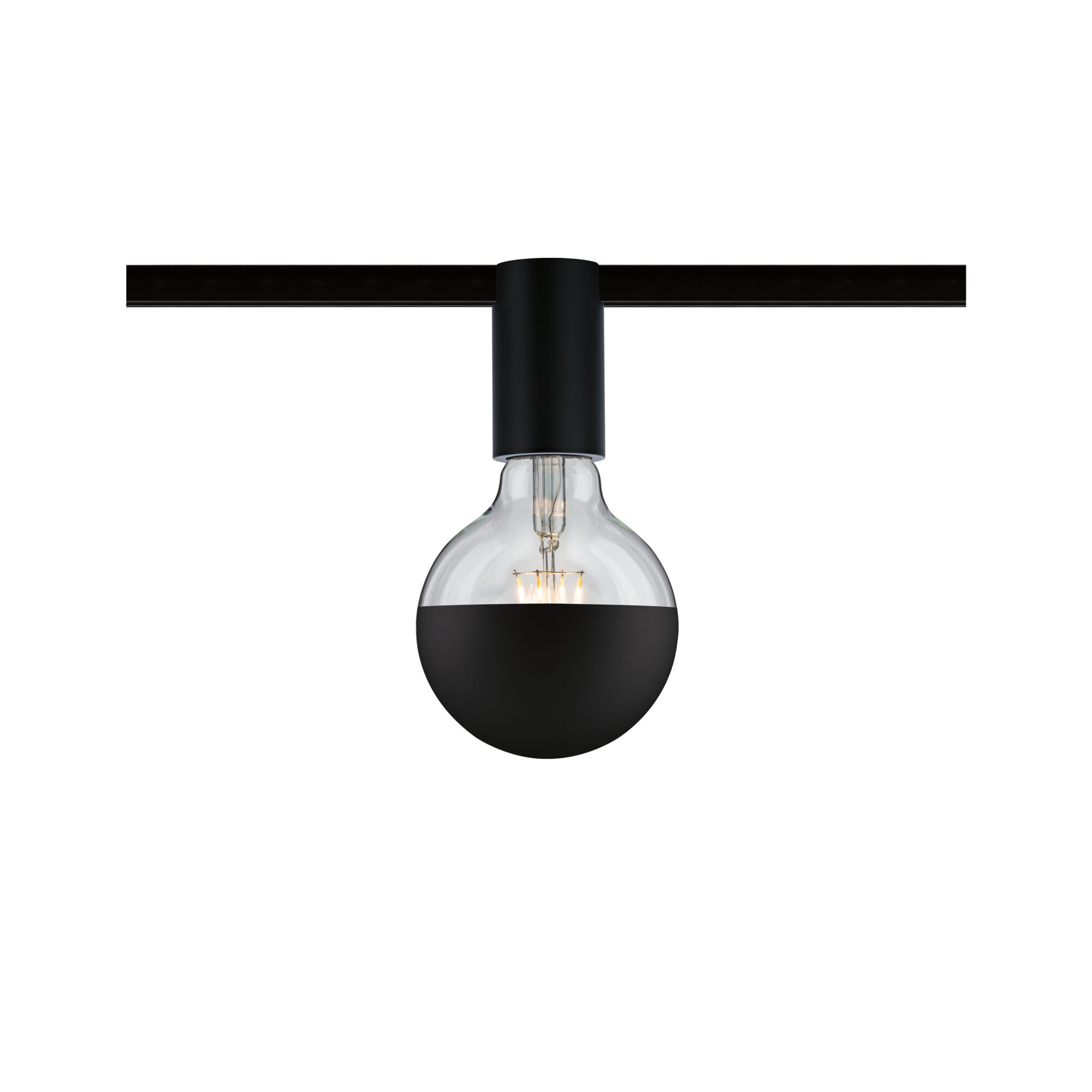 Black LED bulb with half-matte glass on black track for modern indoor lighting design