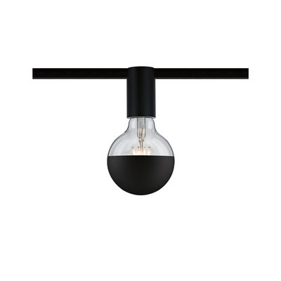 Black LED bulb with half-matte glass on black track for modern indoor lighting design