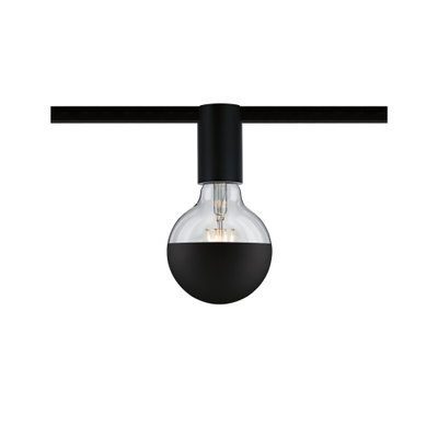 Black LED bulb with half-matte glass on black track for modern indoor lighting design