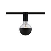 Schwarze LED-Glühbirne mit halbmattem Glas an schwarzer Schiene für moderne Innenbeleuchtung