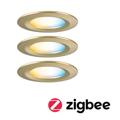 Drie gouden LED-inbouwspots met warm en koel wit licht voor slimme Zigbee-bediening