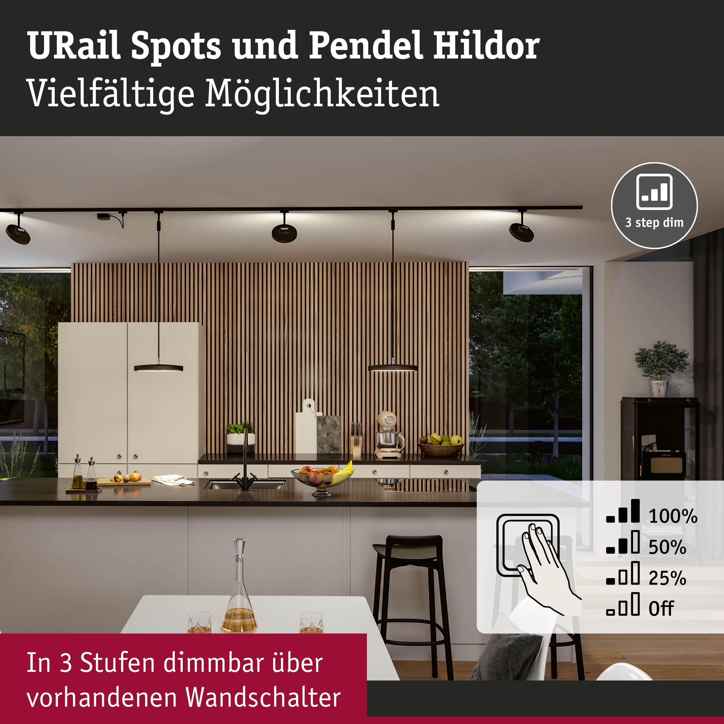 Moderne Küche mit URail Spots und Pendel Hildor in Schwarz, dimmbar in 3 Stufen über Wandschalter