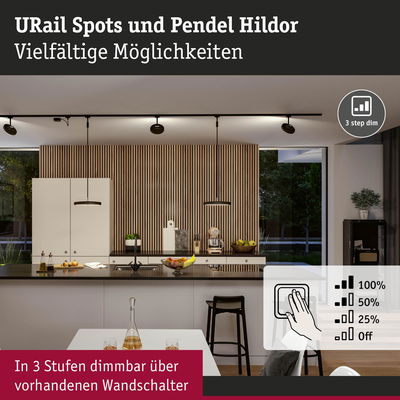 Moderne Küche mit URail Spots und Pendel Hildor in Schwarz, dimmbar in 3 Stufen über Wandschalter