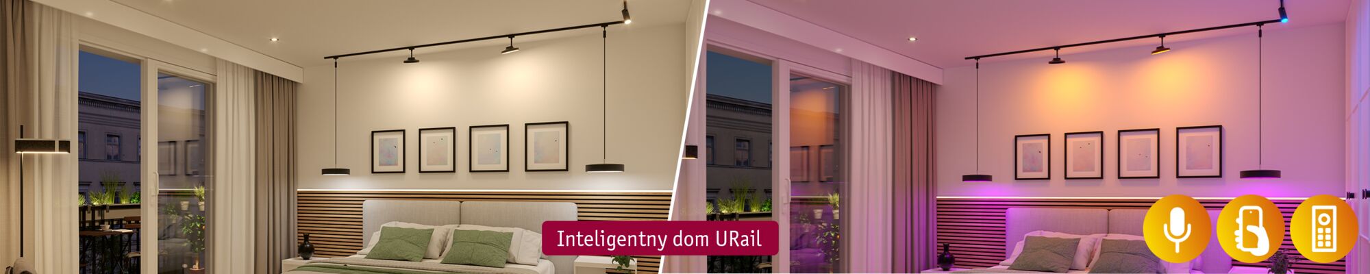 Modern bedroom with URail smart home rail lighting system in warm white and coloured light