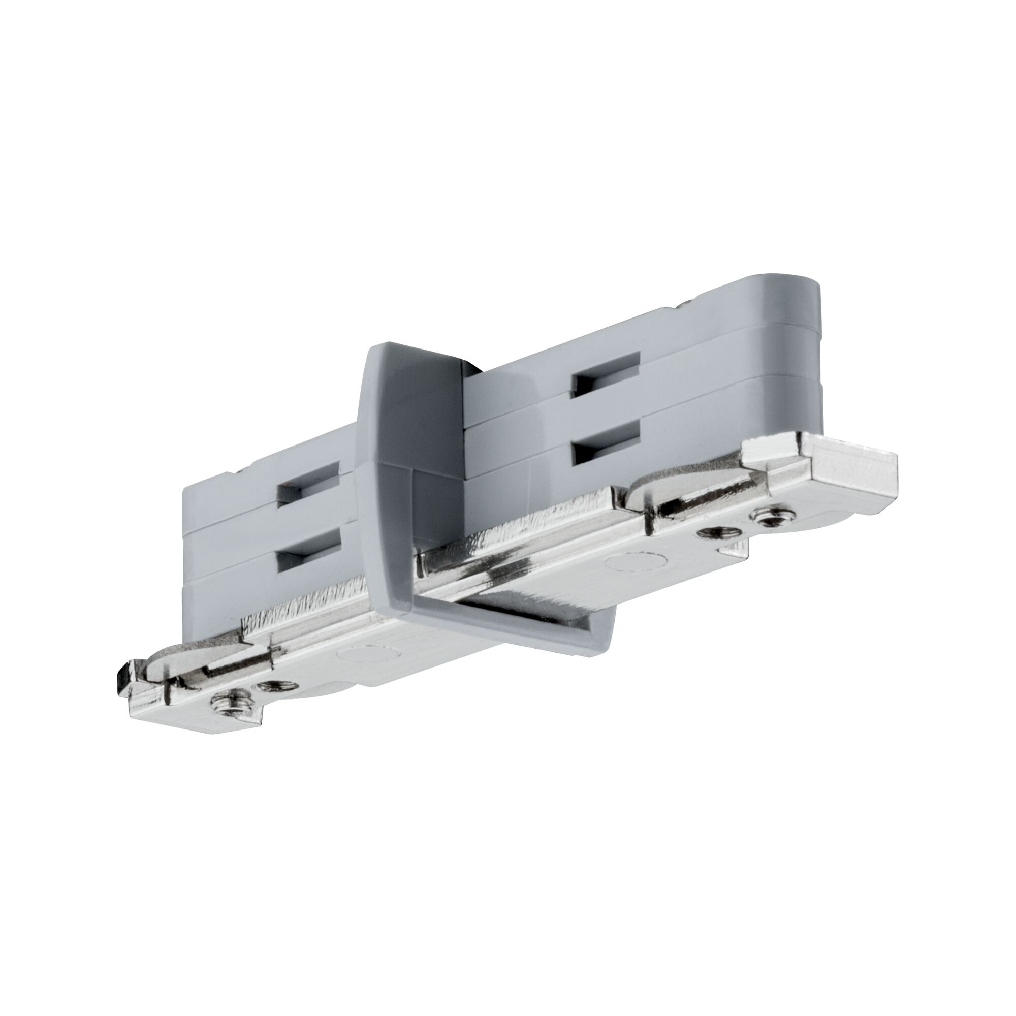 Grijze kunststof en metalen connector voor railsystemen, geschikt voor LED-railsverlichting