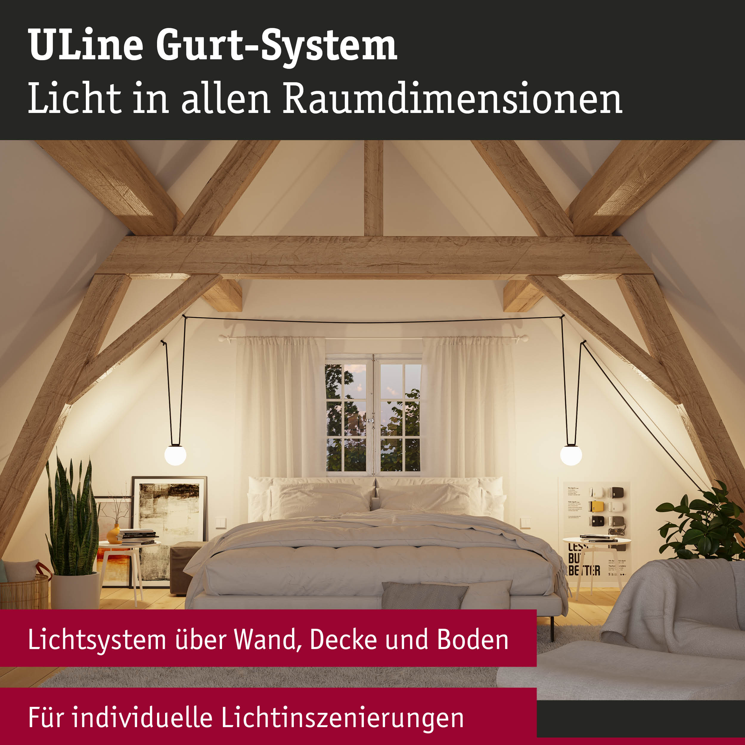 Modernes Schlafzimmer mit ULine Gurt-System Beleuchtung und sichtbaren Holzbalken im Dachgeschoss