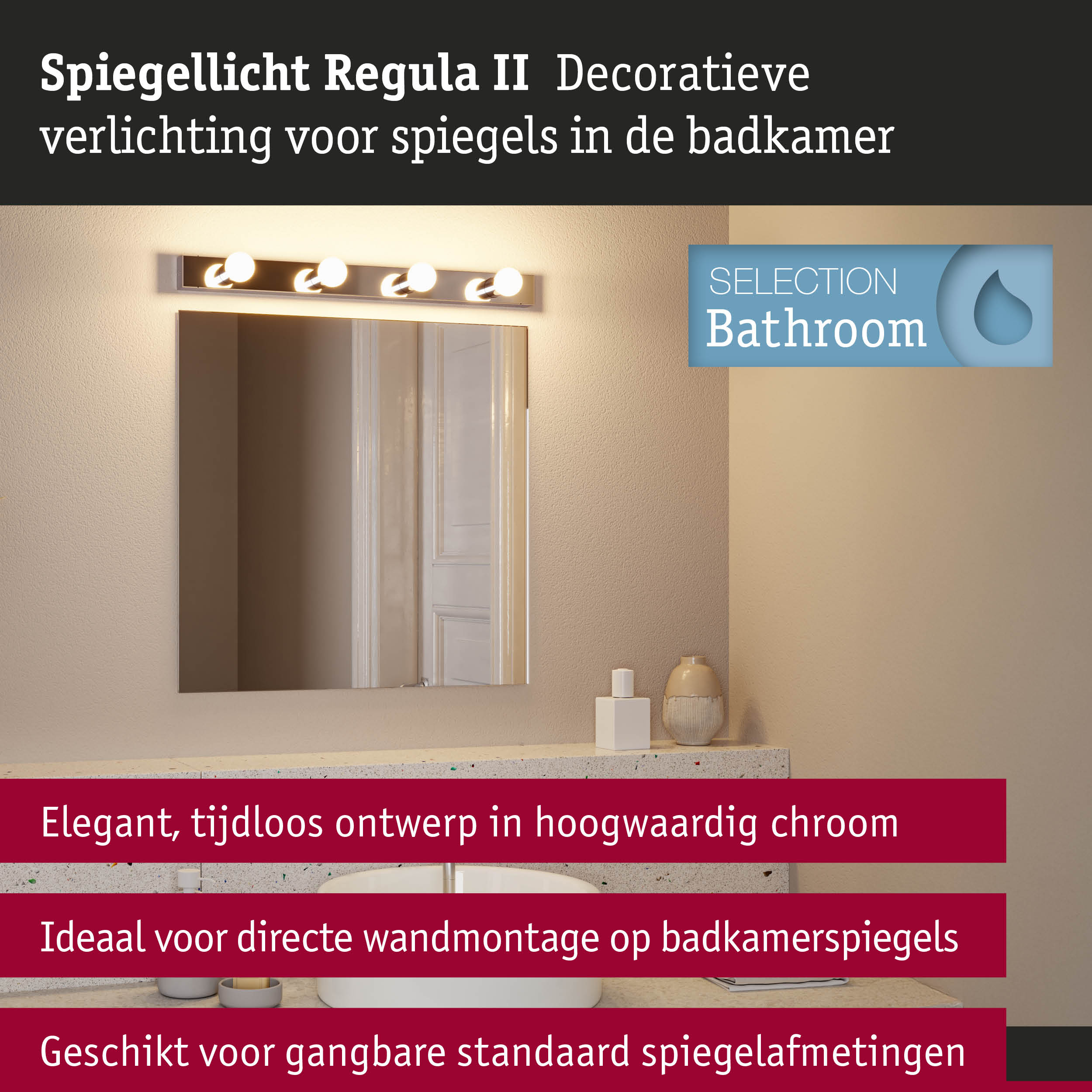 Set LED-spiegellamp Regula II Inclusief fluorescentielampen 4-vlammig IP44 E14 2700K 4x470lm 230V 4x4,5W dimbaar Chroom/Opaal