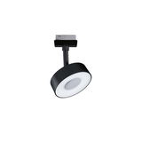 Black LED spotlight with round white diffuser and track system connector for modern lighting solutions