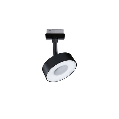 Black LED spotlight with round white diffuser and track system connector for modern lighting solutions